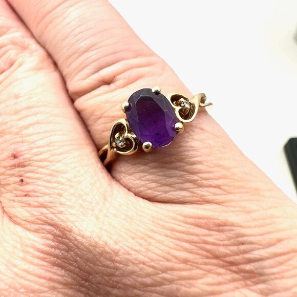 10K Gold Purple Amethyst White Sapphire Heart Ring Size 8 Gift for Girlfriend - Picture 2 of 6